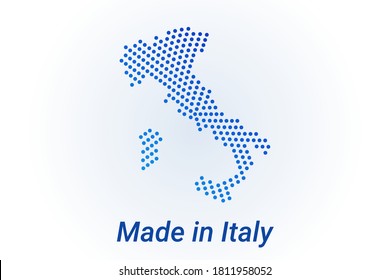Icono de mapa de Italia. Logo vector con texto Hecho en Italia. Fondo de los puntos de media tonalidad azul. Píxeles redondos. Diseño gráfico digital moderno. Fondo blanco claro