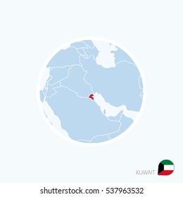 Map icon of Kuwait. Blue map of Middle East with highlighted Kuwait in red color. Vector Illustration.
