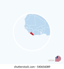 Map icon of Liberia. Blue map of Africa with highlighted Liberia in red color. Vector Illustration.