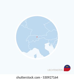 Map icon of Liechtenstein. Blue map of Europe with highlighted Liechtenstein in red color. Vector Illustration.