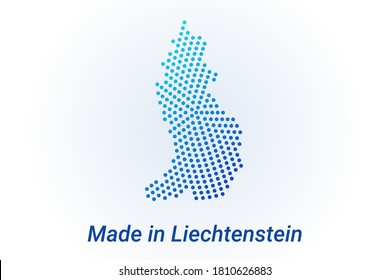 Map icon of Liechtenstein. Vector logo illustration with text Made in Liechtenstein. Blue halftone dots background. Round pixels. Modern digital graphic design. Light white backdrop