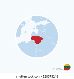 Map icon of Lithuania. Blue map of Europe with highlighted Lithuania in red color. Vector Illustration.