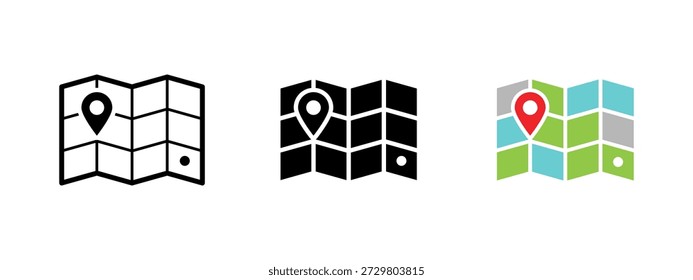 Icono de mapa con pin de ubicación en el contorno, estilos sólido y plano. Símbolo de navegación y Vector GPS para App de viajes, planificación de rutas, servicios de geolocalización, mapas de ciudades y diseño de interfaz de Web o móvil.