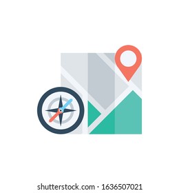 Map icon with a location icon. Vector graphics.