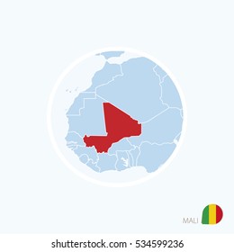 Map icon of Mali. Blue map of Europe with highlighted Mali in red color. Vector Illustration.