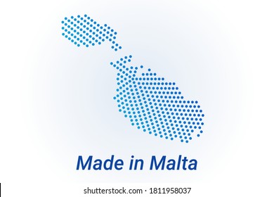 Map icon of Malta. Vector logo with text Made in Malta. Blue halftone dots background. Round pixels. Modern digital graphic design. Light white backdrop