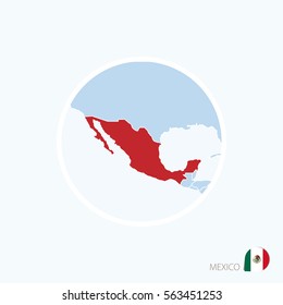 Map icon of Mexico. Blue map of North America with highlighted Mexico in red color. Vector Illustration.