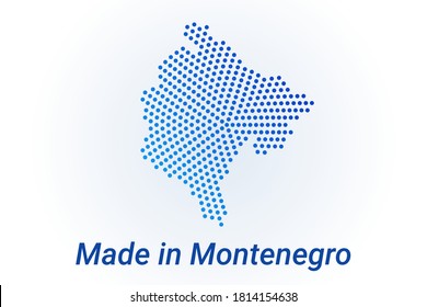 Map icon of Montenegro. Vector logo illustration with text Made in Montenegro. Blue halftone dots background. Round pixels. Modern digital graphic design. Light white backdrop