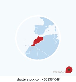 Map icon of Morocco. Blue map of Africa with highlighted Morocco in red color. Vector Illustration.