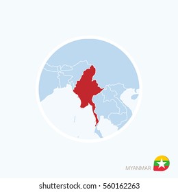 Map icon of Myanmar. Blue map of Asia with highlighted Myanmar in red color. Vector Illustration.