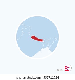 Map icon of Nepal. Blue map of South Asia with highlighted Nepal in red color. Vector Illustration.