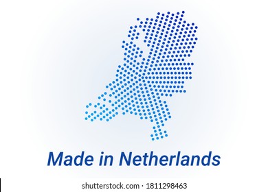 Map icon of Netherlands. Vector logo illustration with text Made in Netherlands. Blue halftone dots background. Round pixels. Modern digital graphic design. Light white backdrop