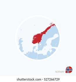 Map icon of Norway. Blue map of Europe with highlighted Norway in red color. Vector Illustration.