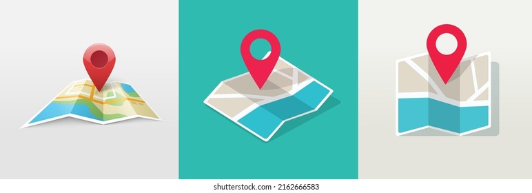 Map icon with pin gps vector flat and location marker pointer place in isometric design, concept of road trip direction position symbol, travel destination trip point, city street navigator modern