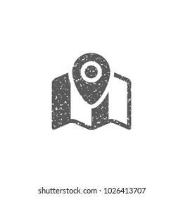 Map icon with pin location in grunge texture. Vintage style vector illustration.