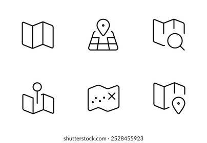 Icono de mapa. mapa, pin, icono de ubicación. trazos editables lineales. Línea, sólido, línea plana, estilo delgado y conveniente para la página del Web, App móvil, UI, diseño de UX.