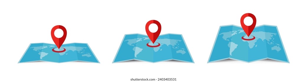 Map icon with Pin Mark and Pointer. 3D Abstract folded world map with red location pin mark or GPS navigation icon sign. Modern design. Vector illustration