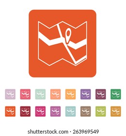 The Map icon. Pin on the map symbol. Flat Vector illustration. Button Set