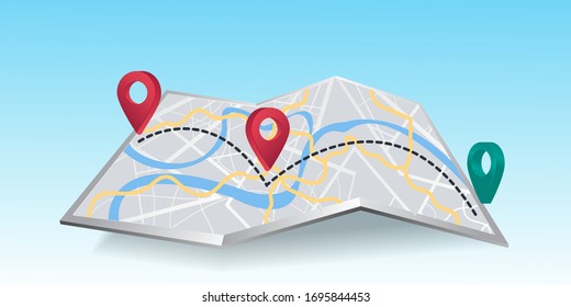 map icon with Pin Pointer. Abstract generic city map with roads, buildings, parks, river Vector illustration