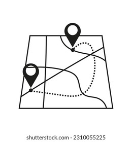 Icono de mapa con pines. Camino, camino en un mapa con pines. Ilustración vectorial.