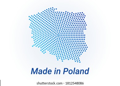 Map icon of Poland. Vector logo illustration with text Made in Poland. Blue halftone dots background. Round pixels. Modern digital graphic design. Light white backdrop