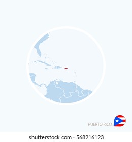 Map icon of Puerto Rico. Blue map of America with highlighted Puerto Rico in red color. Vector Illustration.