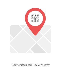 Kartensymbol mit rotem Pin mit QR-Code für einfaches Adressenscannen und Routenplanung. QR-Code enthält eine Adresse zum Hinzufügen zu Kontakten, zur Vereinfachung der Suche und zum Speichern von Orten für die Navigation