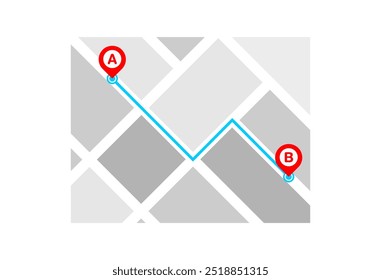 Icono de mapa con pin rojo que muestra la distancia de inicio del punto A A B Dirección de demostración y planificación de rutas. calle y bloques Dirección.concept