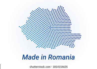 Map icon of Romania. Vector logo illustration with text Made in Romania. Blue halftone dots background. Round pixels. Modern digital graphic design. Light white backdrop