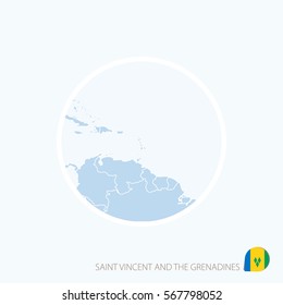 Map icon of Saint Vincent and the Grenadines. Blue map of America with highlighted in red color. Vector Illustration.