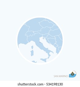 Map icon of San Marino. Blue map of Europe with highlighted San Marino in red color. Vector Illustration.