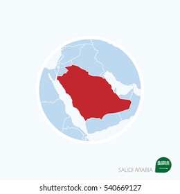 Map icon of Saudi Arabia. Blue map of Middle East with highlighted Saudi Arabia in red color. Vector Illustration.