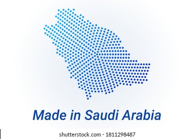 Icono de mapa de Arabia Saudita. Ilustración del logotipo del vector con texto Hecho en Arabia Saudita. Fondo de los puntos de media tonalidad azul. Píxeles redondos. Diseño gráfico digital moderno. Fondo blanco claro
