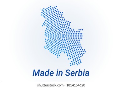 Map icon of Serbia. Vector logo illustration with text Made in Serbia. Blue halftone dots background. Round pixels. Modern digital graphic design. Light white backdrop