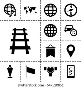 Map icon. set of 13 filled map icons such as road, flag, railway, car music, international music, globe, compass, location, world map