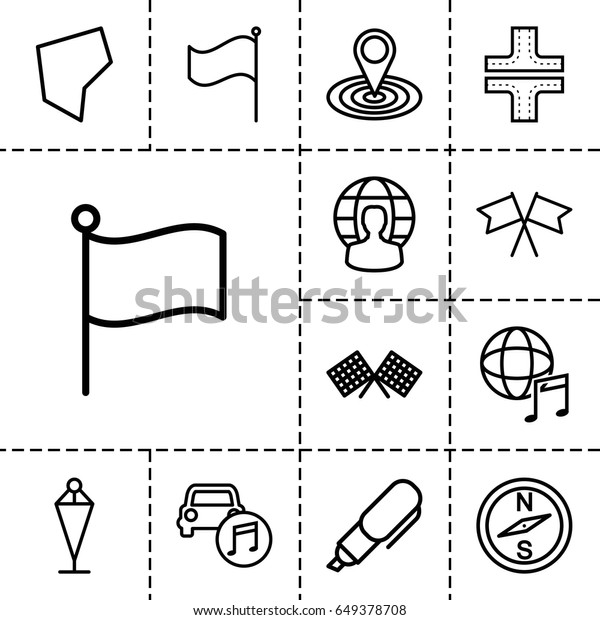 Map icon. set of 13 outline mapicons such as\
road, flag, map location, car music, international music, land\
territory, user globe, pen, finish\
flag