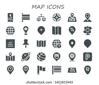map icon set. 30 filled map icons.  Collection Of - Gps, Flags, Network, Windrose, Location pin, Placeholder, Earth globe, Location, Map, Signpost, Website, Push pin, Planet, Parking