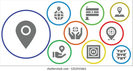 map icon set. 9 filled map icons.  Simple modern icons about  - Placeholder, India, Location pin, Helipad, Worldwide, Location, Flags