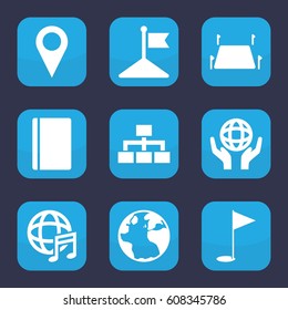 Map icon. set of 9 filled map icons such as passport, globe, flag, structure, holding globe, international music, land territory
