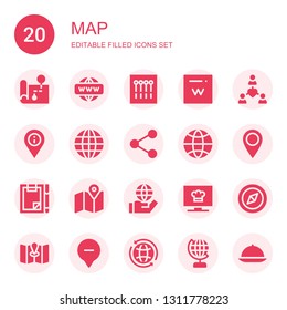 map icon set. Collection of 20 filled map icons included Map, Network, Pins, Domain, Placeholder, Internet, Globe, Forms, World, Channel, Compass, Location, Worldwide, Room service
