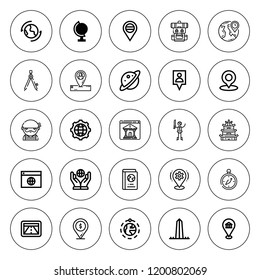 Map icon set. collection of 25 outline map icons with compass, earth globe, earth grid, global, location, gps, hiking, passport, online, pin, pirates icons. editable icons.