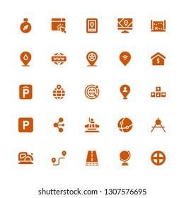 map icon set. Collection of 25 filled map icons included Terra, Globe, Road, Route, Planer, Compass, Network, Columbia, Parking, Direction, Placeholder, Worldwide, Location, Real estate