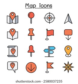 Map icon set in color line style