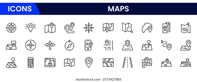 Map icon set. Containing location, GPS, navigation, city map, atlas, route, direction, pin and more. Vector collection.