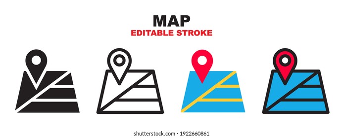 Map icon set with different styles. Colored vector icons designed in filled, outline, flat, glyph and line colored. Editable stroke style can be used for web, mobile, ui and more.
