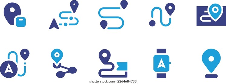 Map icon set. Duotone color. Vector illustration. Containing location, route, navigation, navigator, map.