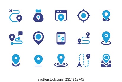 Map icon set. Duotone color. Vector illustration. Containing direction, gps navigator, browser, target, location, distance, map pin, navigation.