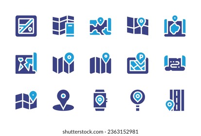 Conjunto de iconos de mapa. Color de duotona. Ilustración vectorial. Conteniendo mapa, marcador de mapa, mapa de calles, reloj inteligente, búsqueda.