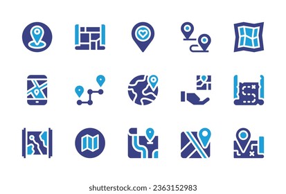 Kartensymbol eingestellt. Duotonfarbe. Vektorgrafik. Mit Pin, Karten, Karte, Herz, Bahn, Straße, Schatz, Erde, teilen.