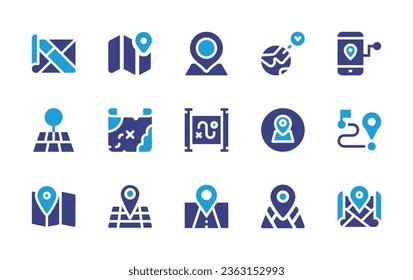 Conjunto de iconos de mapa. Color de duotona. Ilustración vectorial. Conteniendo icono del mapa, ubicación, tesoro, mapa, mapas, ubicación, gps, ruta, dirección, calle.